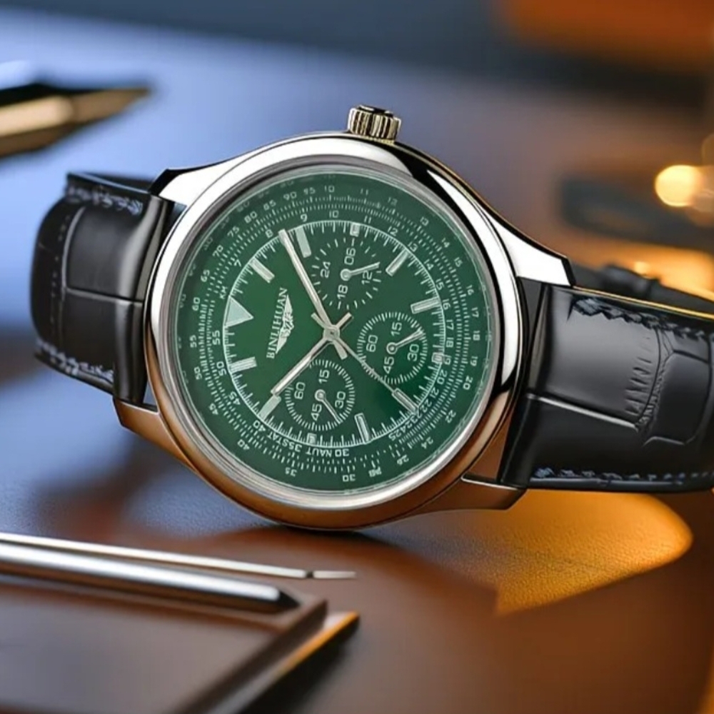 Green Dial Leather Strap Watch - Unbranded